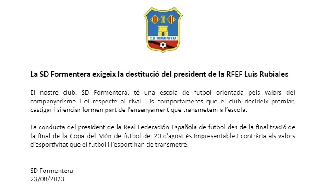 El Formentera exigeix la destitució de Luis Rubiales